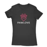 Image of a Black 'Pawlove' T-shirt for women, by Apparel by Cetakshop, with a cute paw print design symbolizing love for pets.
