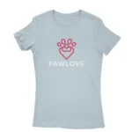 Image of a Light Blue 'Pawlove' T-shirt for women, by Apparel by Cetakshop, with a cute paw print design symbolizing love for pets.