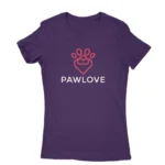 Image of a Purple 'Pawlove' T-shirt for women, by Apparel by Cetakshop, with a cute paw print design symbolizing love for pets.