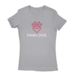 Image of a Sport Grey 'Pawlove' T-shirt for women, by Apparel by Cetakshop, with a cute paw print design symbolizing love for pets.