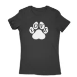 Image of a Black 'LOVE' paw print T-shirt for women, by Apparel by Cetakshop, featuring a bold paw design in the place of the 'O', representing the bond with our four-legged companions.