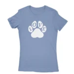 Image of a Carolina Blue 'LOVE' paw print T-shirt for women, by Apparel by Cetakshop, featuring a bold paw design in the place of the 'O', representing the bond with our four-legged companions.