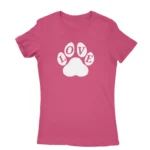 Image of a Heliconia 'LOVE' paw print T-shirt for women, by Apparel by Cetakshop, featuring a bold paw design in the place of the 'O', representing the bond with our four-legged companions.