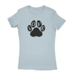 Image of a Light Blue 'LOVE' paw print T-shirt for women, by Apparel by Cetakshop, featuring a bold paw design in the place of the 'O', representing the bond with our four-legged companions.