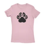 Image of a Light Pink 'LOVE' paw print T-shirt for women, by Apparel by Cetakshop, featuring a bold paw design in the place of the 'O', representing the bond with our four-legged companions.