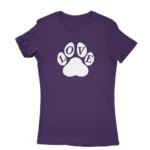 Image of a Purple 'LOVE' paw print T-shirt for women, by Apparel by Cetakshop, featuring a bold paw design in the place of the 'O', representing the bond with our four-legged companions.