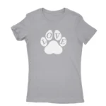 Image of a Sport Grey 'LOVE' paw print T-shirt for women, by Apparel by Cetakshop, featuring a bold paw design in the place of the 'O', representing the bond with our four-legged companions.