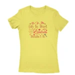 Image of a Daisy 'Life is Short, Your Lashes Shouldn't Be' T-shirt for women, by Apparel by Cetakshop, featuring playful typography and lash illustrations for beauty enthusiasts.