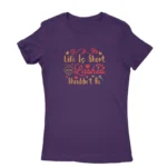 Image of a Purple 'Life is Short, Your Lashes Shouldn't Be' T-shirt for women, by Apparel by Cetakshop, featuring playful typography and lash illustrations for beauty enthusiasts.