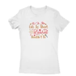 Lashes Tee by Apparel by Cetakshop. T Shirt for women decorated with 'Life is Short, Your Lashes Shouldn't Be'  design print featuring playful typography and lash illustrations for beauty enthusiasts.
