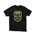 A Black tee with 'Gym is My Life' text, inspiring fitness enthusiasts, from Apparel by Cetakshop. The image shows a gym is my life graphic tees.