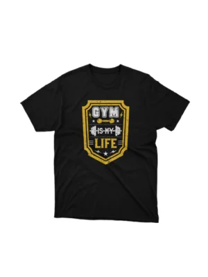 A Black tee with 'Gym is My Life' text, inspiring fitness enthusiasts, from Apparel by Cetakshop. The image shows a gym is my life graphic tees.