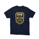 A Navy tee with 'Gym is My Life' text, inspiring fitness enthusiasts, from Apparel by Cetakshop.