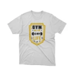 A White tee with 'Gym is My Life' text, inspiring fitness enthusiasts, from Apparel by Cetakshop.