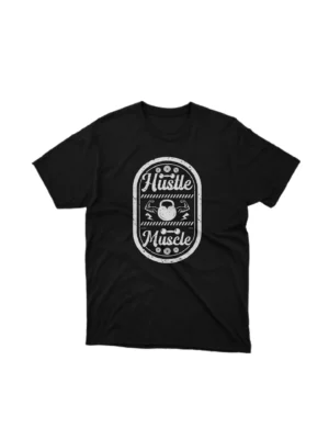 A Black tee with 'Hustle Muscle' text, perfect for those who grind and stay fit, from Apparel by Cetakshop. The image shows a muscle hustle graphic tees.