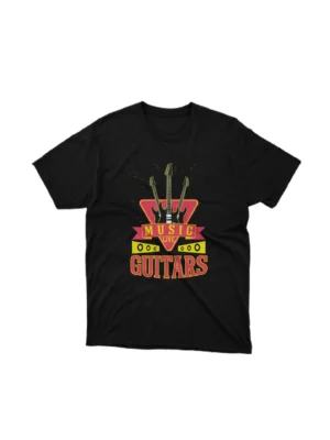 A Black tee with a 'Live Music Guitars' design, celebrating the love for music, by Apparel by Cetakshop. The image shows a electric guitar graphic tees.