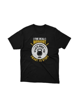 A Black tee with 'The Real Workout' encouragement, for the relentless, by Apparel by Cetakshop. The image shows a weight lifting t shirt.