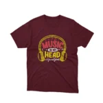 A Maroon tee with a 'Music in My Head' design, for those with a soundtrack to their life, by Apparel by Cetakshop.