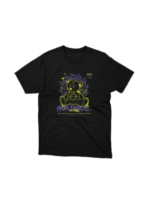 A Black tee featuring a teddy bear design from Apparel by Cetakshop. The image shows a streetwear teddy bear tee.