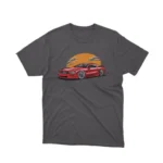 A Dark Heather tee with a classic car under a sunset design, from Apparel by Cetakshop, for vintage car lovers.