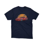 A Navy tee with a classic car under a sunset design, from Apparel by Cetakshop, for vintage car lovers.