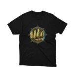 A Black tee featuring a golden fist, from Apparel by Cetakshop, representing power and success. The image shows a golden fist graphic tees.