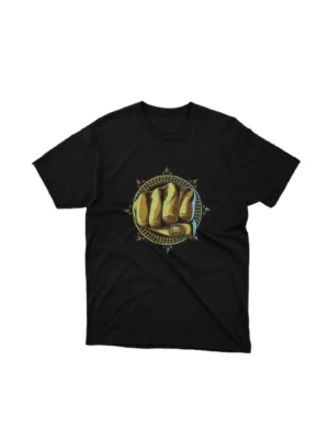 A Black tee featuring a golden fist, from Apparel by Cetakshop, representing power and success. The image shows a golden fist graphic tees.