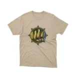 A Sand tee featuring a golden fist, from Apparel by Cetakshop, representing power and success.