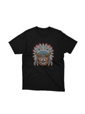 A Black tee with a detailed tribal owl design, from Apparel by Cetakshop, for the insightful and discerning. The image shows a tribal dusky eagle owl graphic tees.