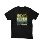 Black graphic tee with a stylized $100 bill design, part of Apparel by Cetakshop's unique money bill themed collection. The image shows a money bill graphic tees.