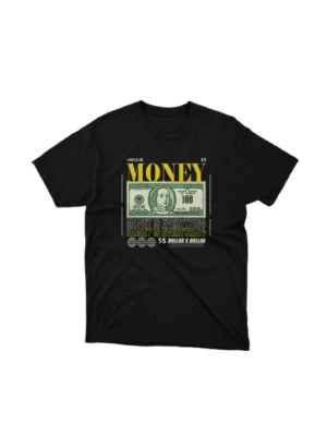 Black graphic tee with a stylized $100 bill design, part of Apparel by Cetakshop's unique money bill themed collection. The image shows a money bill graphic tees.