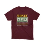 Maroon graphic tee with a stylized $100 bill design, part of Apparel by Cetakshop's unique money-themed collection.