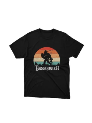 A Black t-shirt with a graphic of a bigfoot holding a fishing rod from Apparel by Cetakshop. The image shows a bassquatch fishing graphic tees.