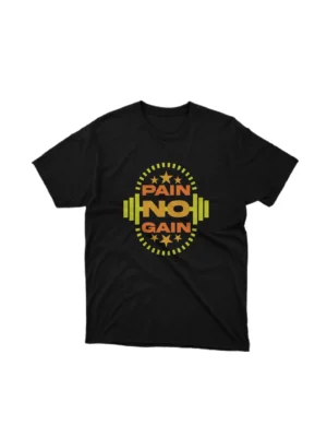 Pain No Gain barbells graphic on black tee by Apparel by Cetakshop, for those who love the grind. The image shows a no pain no gain motivation graphic tees.