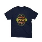 Pain No Gain barbells graphic on navy tee by Apparel by Cetakshop, for those who love the grind.