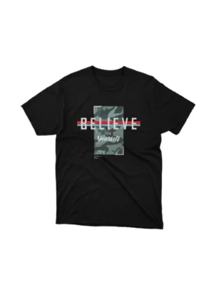 Camouflage 'believe in yourself graphic tee by Apparel by Cetakshop, for a confident style. The image shows a believe in yourself motivation graphic tees in black.