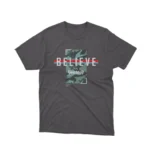 Camouflage 'Believe in Yourself' print on a dark heather graphic tee by Apparel by Cetakshop, for a confident style.