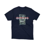 Camouflage 'Believe in Yourself' print on a navy graphic tee by Apparel by Cetakshop, for a confident style.