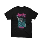 Black graphic tee from Apparel by Cetakshop showcasing the Statue of Liberty with a modern twist, symbolizing eternal freedom. The image shows a liberty forever graphic tees.