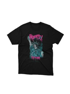 Black graphic tee from Apparel by Cetakshop showcasing the Statue of Liberty with a modern twist, symbolizing eternal freedom. The image shows a liberty forever graphic tees.