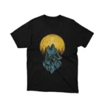 Howling Wolf Graphic Tees image where a wolf is howling front of a full moon, from Apparel by Cetakshop, invoking the call of the wild.