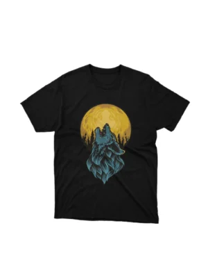 Howling Wolf Graphic Tees image where a wolf is howling front of a full moon, from Apparel by Cetakshop, invoking the call of the wild.