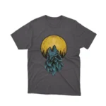 A Dark Heather tee featuring a howling wolf in front of a full moon, from Apparel by Cetakshop, invoking the call of the wild.