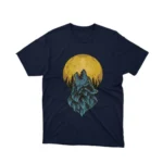 A Navy tee featuring a howling wolf in front of a full moon, from Apparel by Cetakshop, invoking the call of the wild.