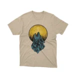 A Sand tee featuring a howling wolf in front of a full moon, from Apparel by Cetakshop, invoking the call of the wild.