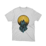 A White tee featuring a howling wolf in front of a full moon, from Apparel by Cetakshop, invoking the call of the wild.