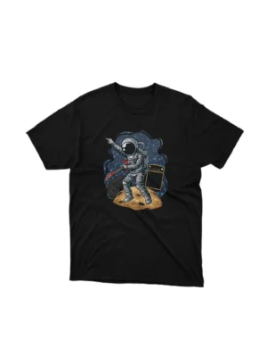 A Black tee showcasing an astronaut with a hitchhiker sign, by Apparel by Cetakshop, for the space wanderers. The image shows a hitchhiker astronaut graphic tees.