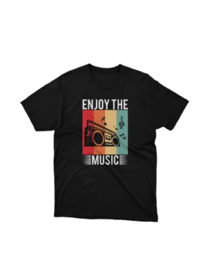 A Black tee with a vibrant retro music player design, from Apparel by Cetakshop, a blast from the past. The image shows a retro music player graphic tees.