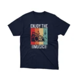 A Navy tee with a vibrant retro music player design, from Apparel by Cetakshop, a blast from the past.