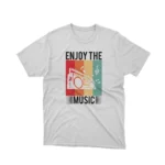 A White tee with a vibrant retro music player design, from Apparel by Cetakshop, a blast from the past.